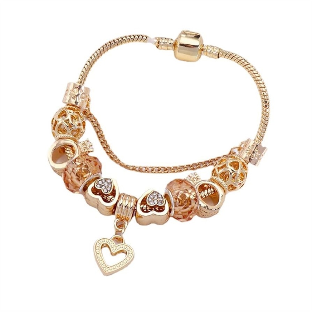 Dainty Gold Charm Bracelet with Heart Accents Rhinestone